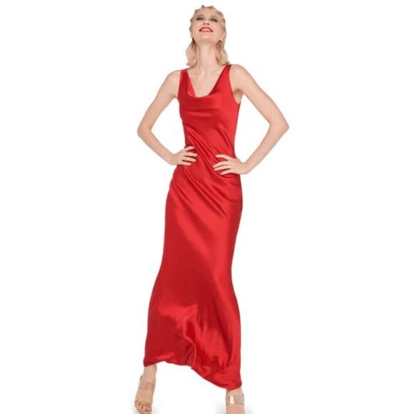 Norma Kamali Maria Sleeveless Cowl Neck Satin Evening Gown Tiger Red XS $325 - Picture 5 of 14